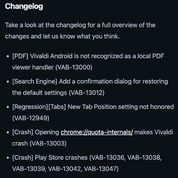 Vivaldi Android changelog.