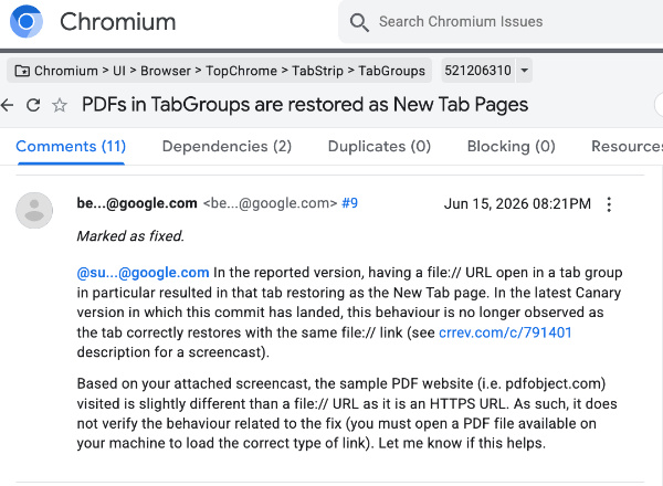 Chromium bug tracker.