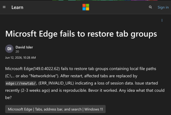 Microsoft forum report.