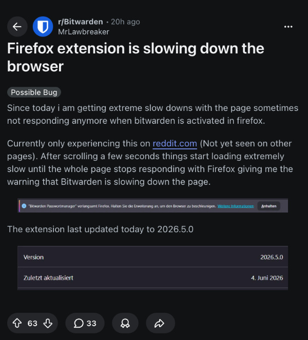 Firefox Bitwarden issue Reddit post.