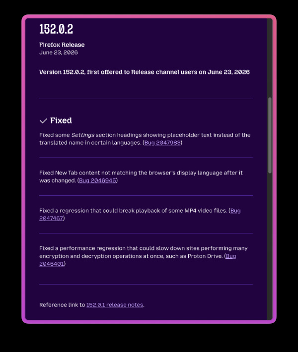 Firefox changelog screenshot.