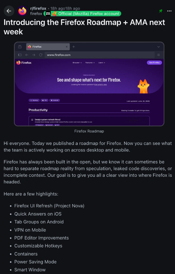 Reddit post roadmap.
