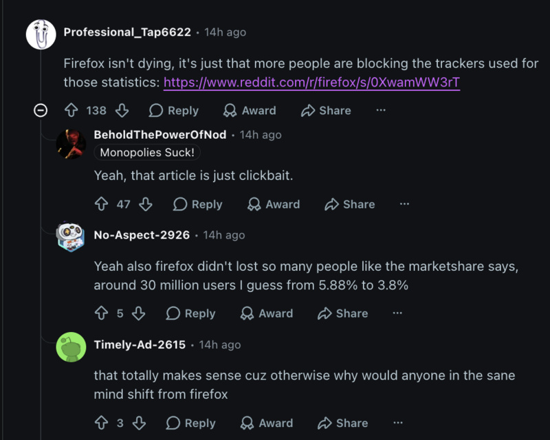 Firefox dying online commentary.