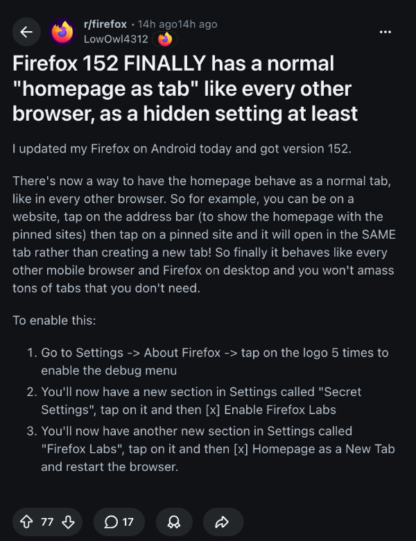 Reddit post Firefox new tab.