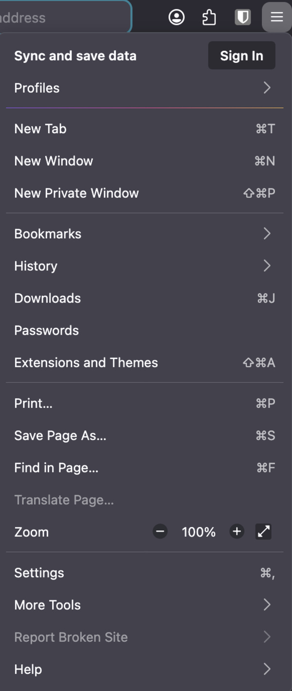 Hamburger menu options.