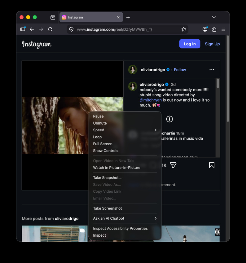Reels context menu.