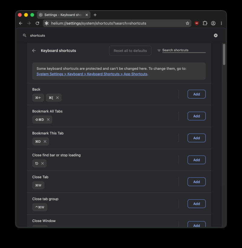 Keyboard shortcut customization on Helium.