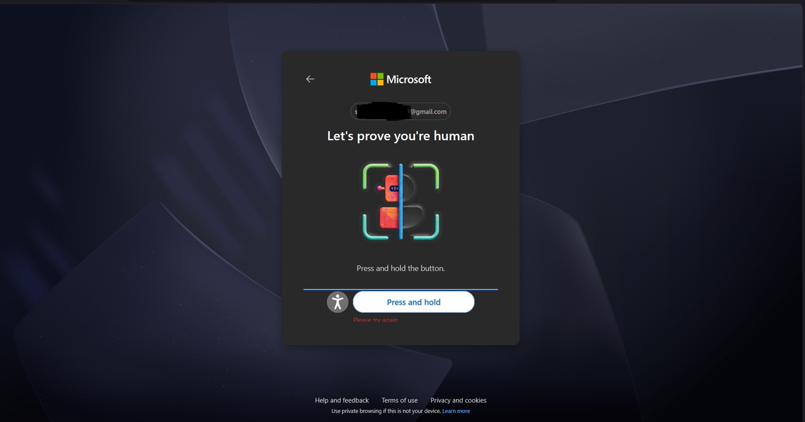 How to fix the Microsoft account 'Press and hold the button' CAPTCHA verification loop