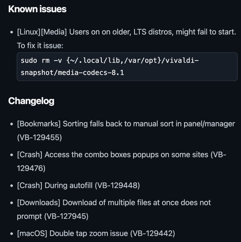 Vivaldi snapshot changelog.