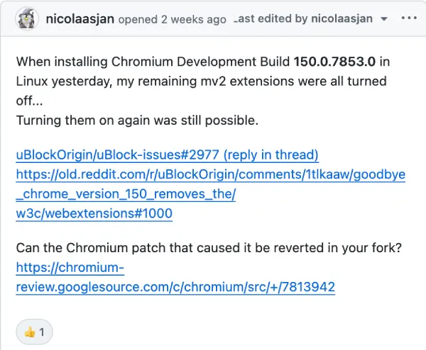 chromium-150-mv2-support-issue