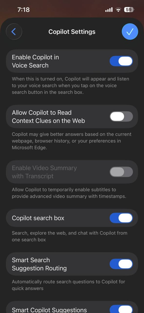 iOS app settings.