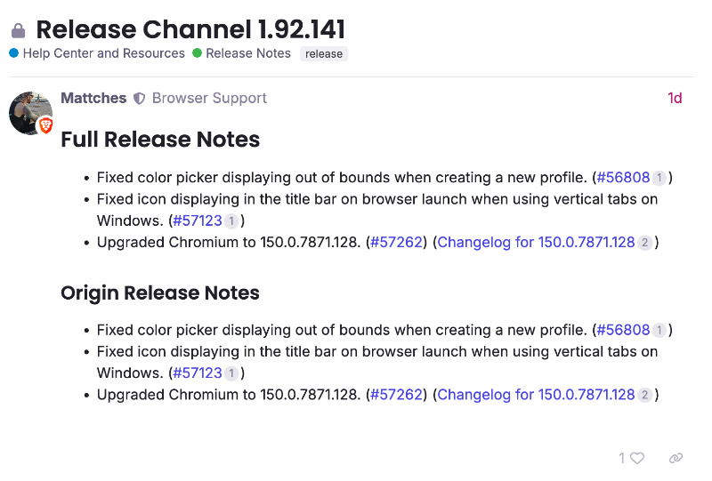 Brave changelog screenshot.