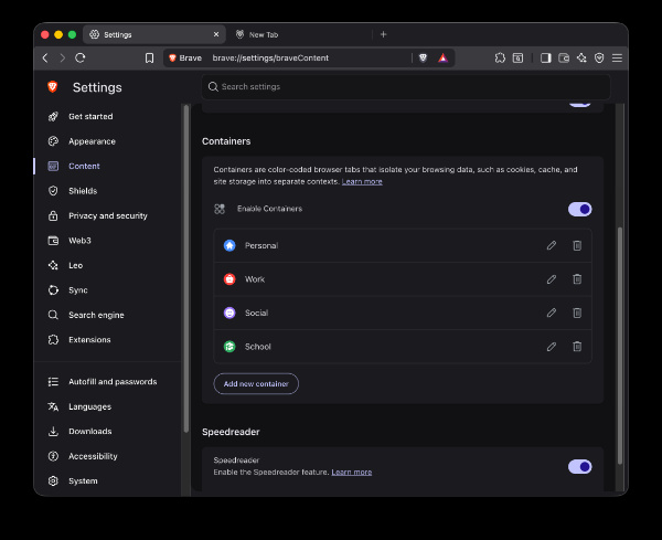 Containers options.