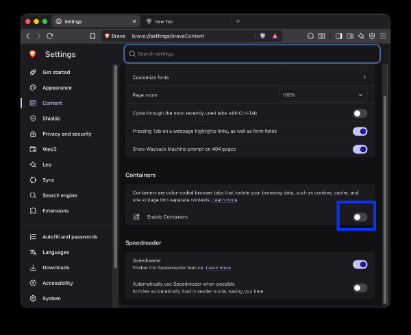 Brave Containers toggle.
