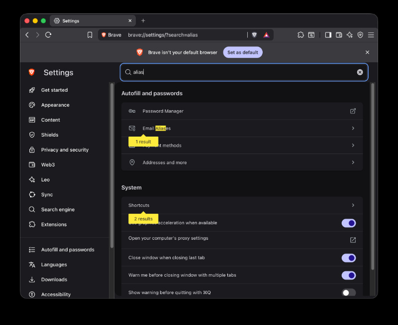 Brave settings page.
