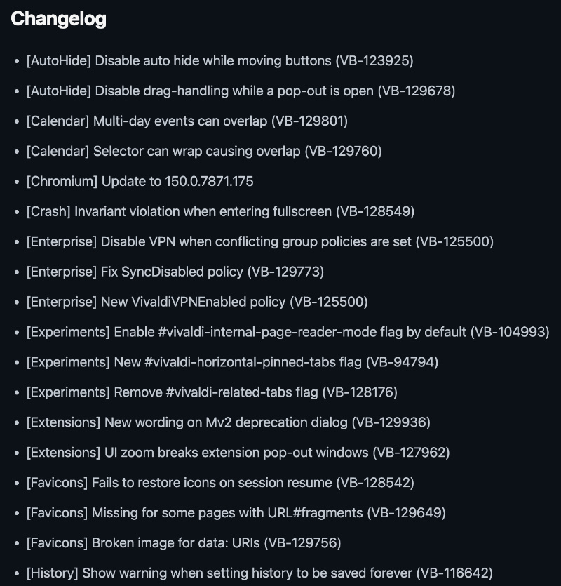 Changelog snippet Vivaldi.