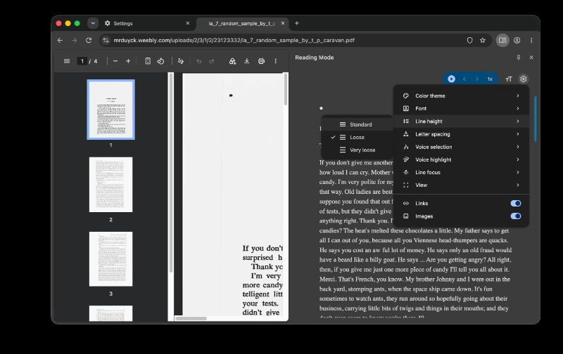 Reader Mode options.