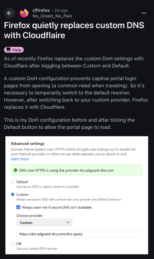 Firefox issue Reddit post.