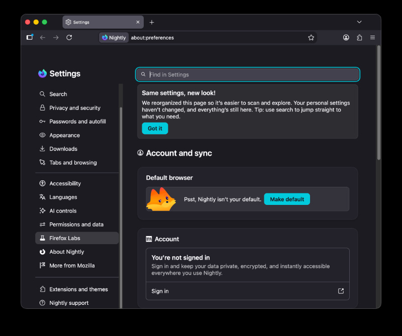 Firefox Labs.