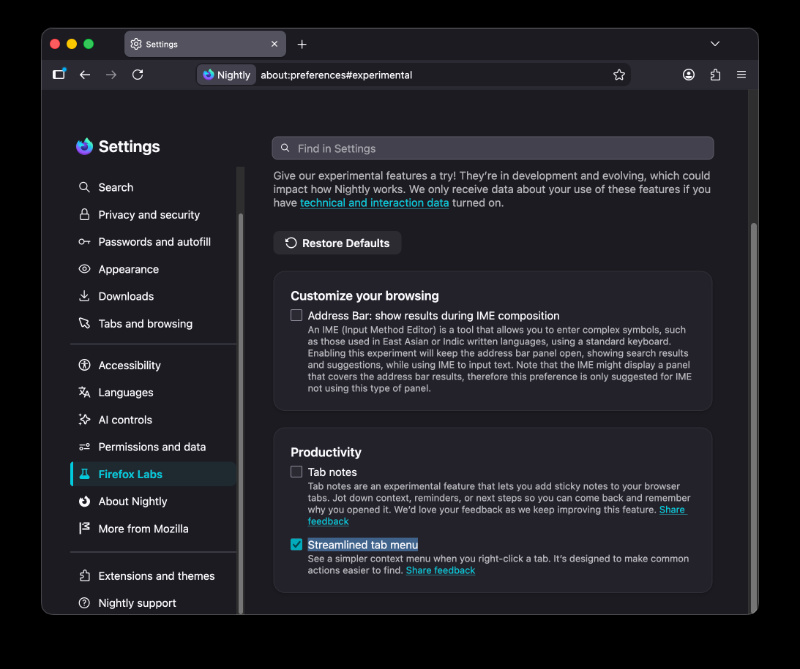 Streamlined tab menu option.