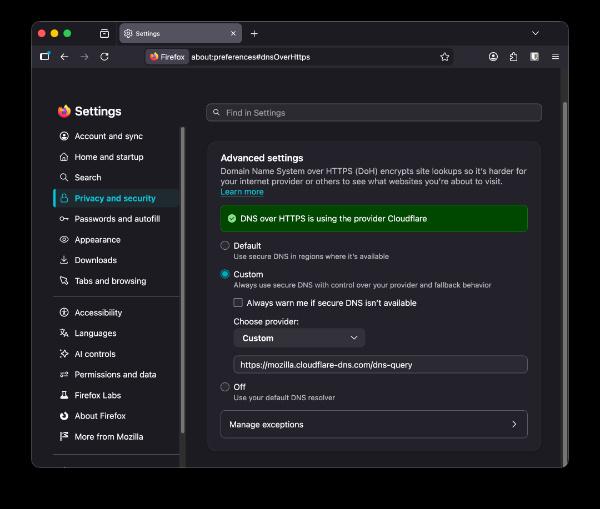 Firefox custom DNS.