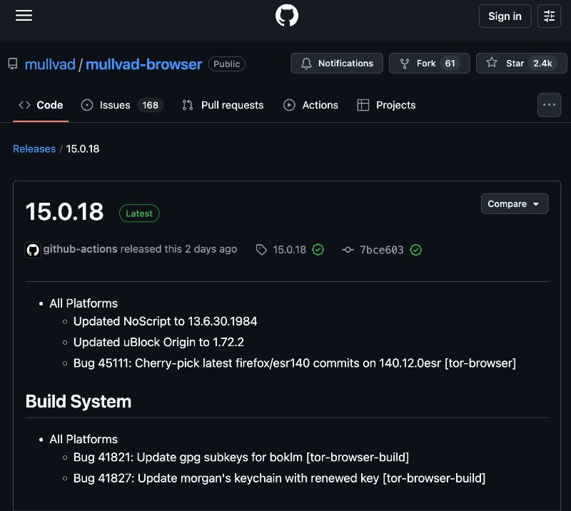 Mullvad browser changelog.