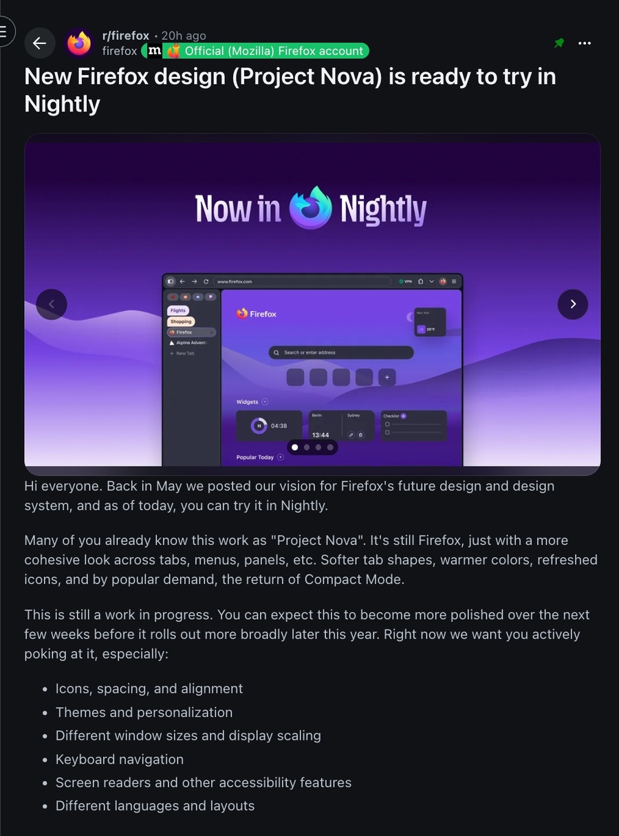 Firefox update Reddit post.