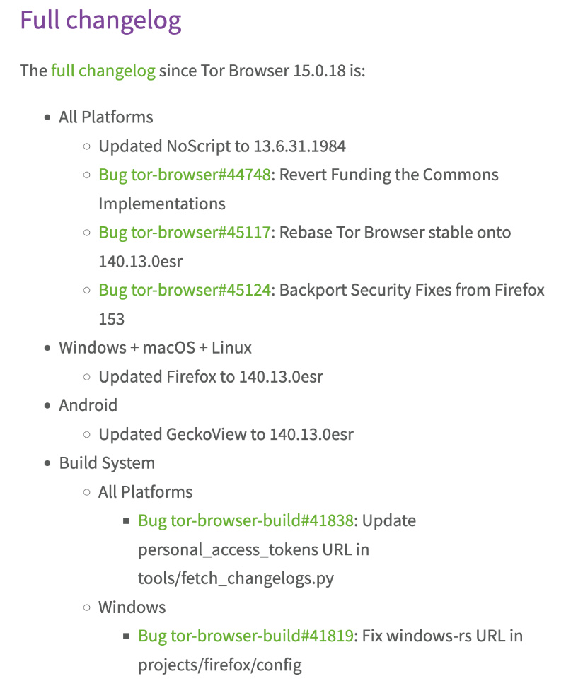 Tor changelog.