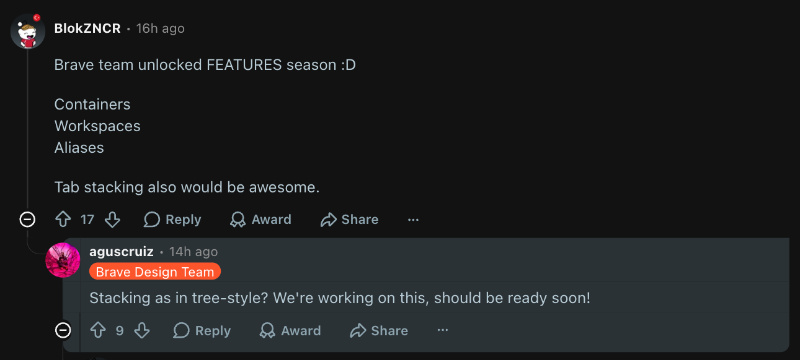 Brave employee confirms tree style tabs.