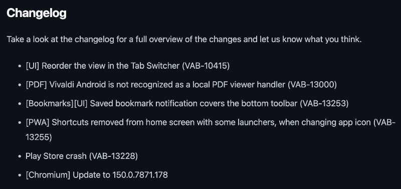 Vivaldi changelog.