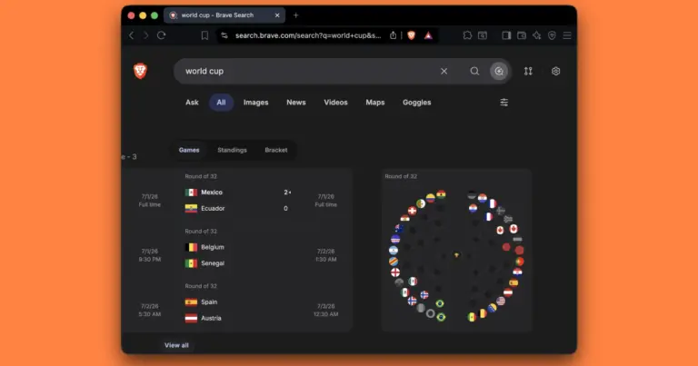 Brave Search adds hover scores and clickable bracket for World Cup