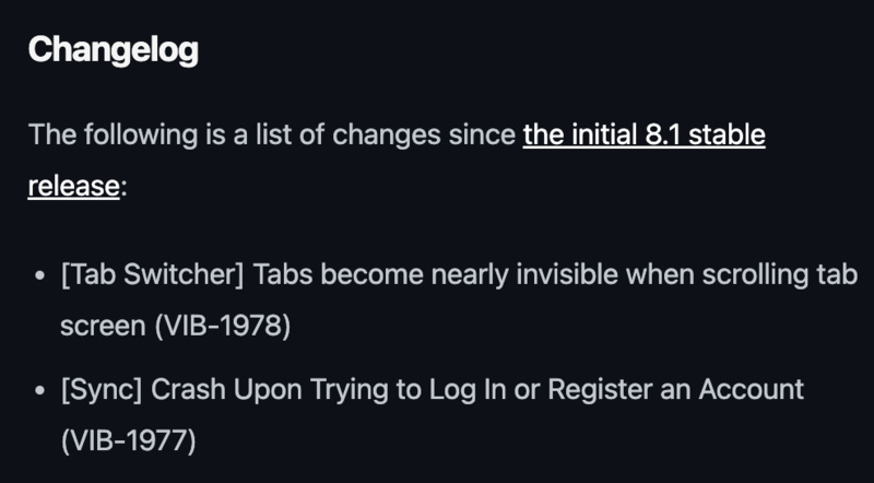iOS changelog.