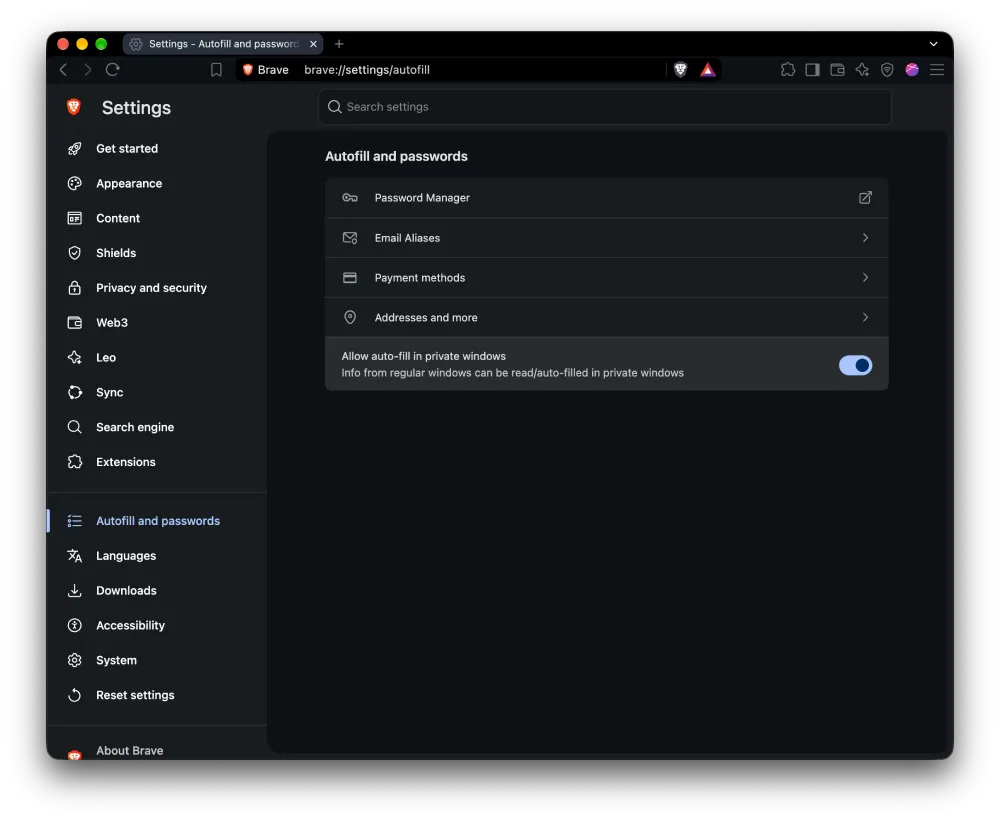 Brave Autofill and passwords settings page showing the new Email Aliases option