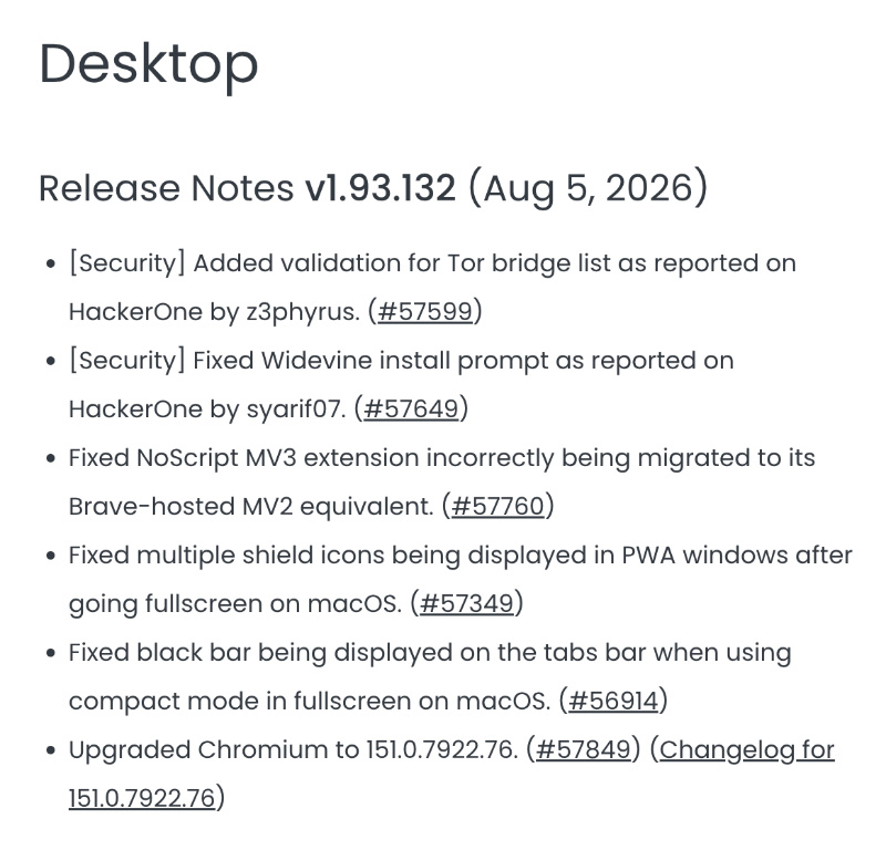Brave changelog.