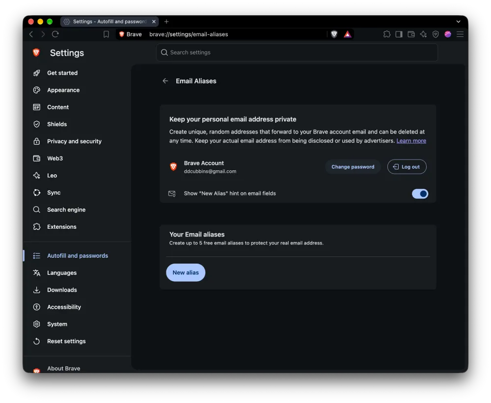 Brave Email Aliases settings page with the New alias button