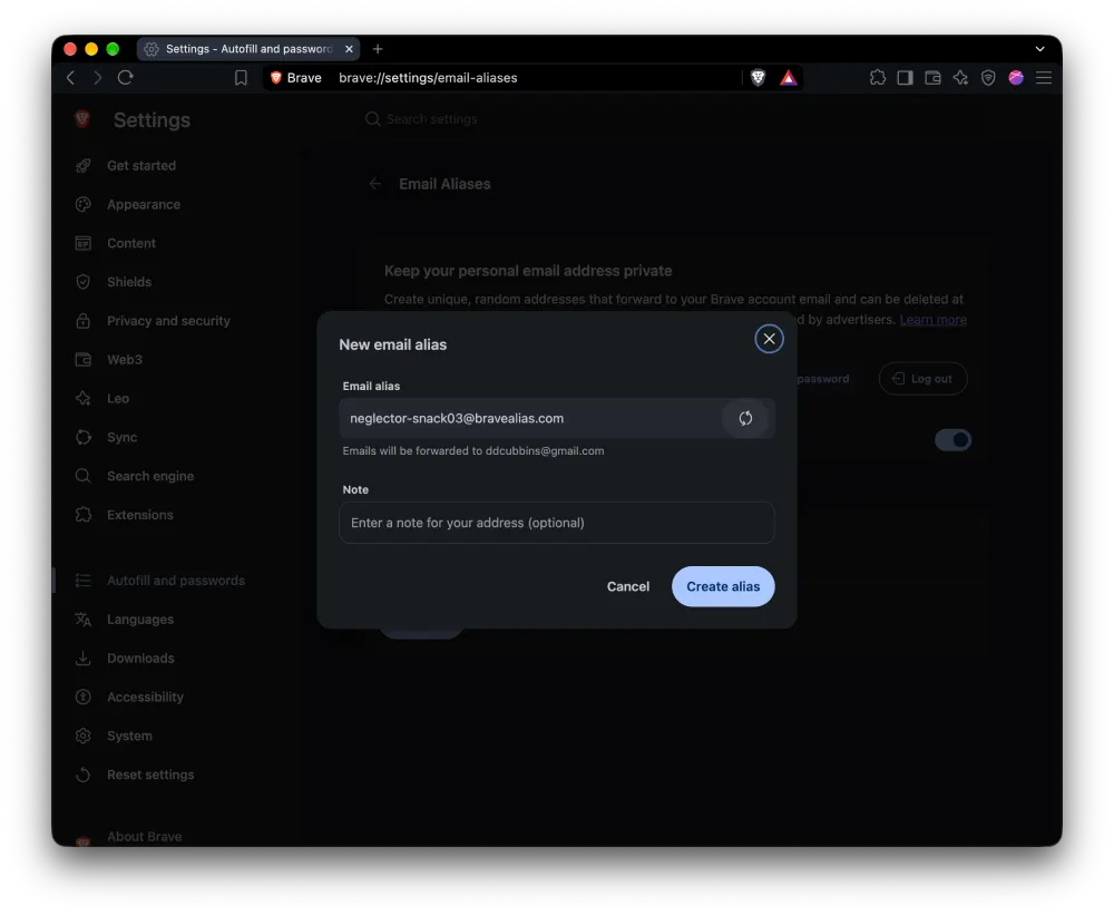 Brave New email alias dialog showing a generated alias address and note field