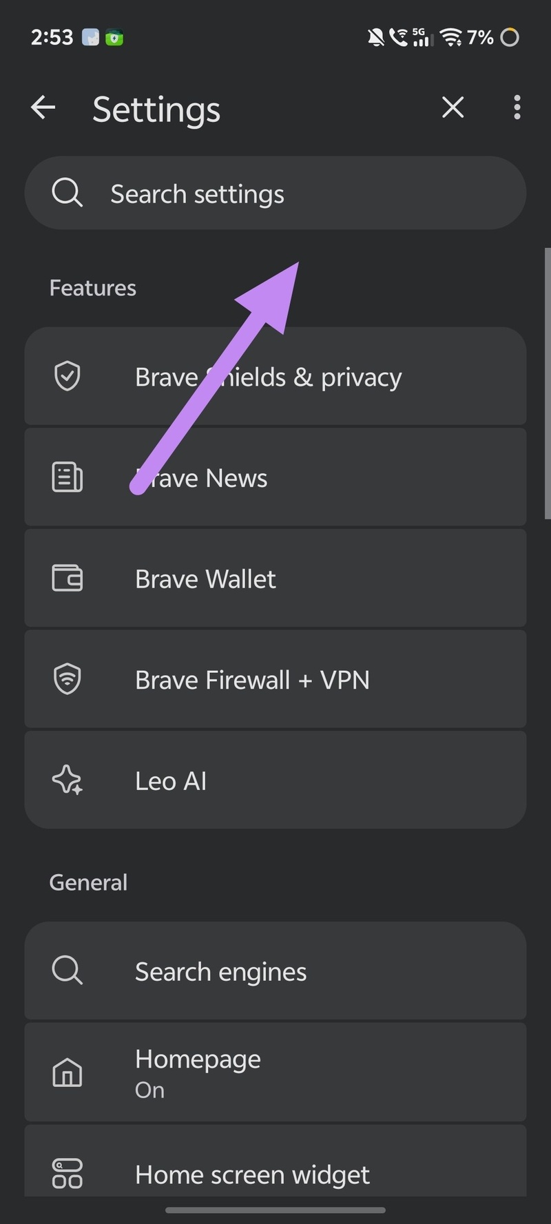 Brave settings search.