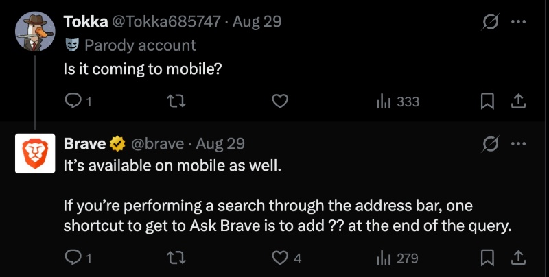 Brave reply on X screenshot.