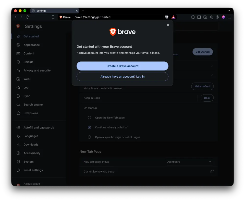 Brave account creation pop-up with Create a Brave account and Log in options