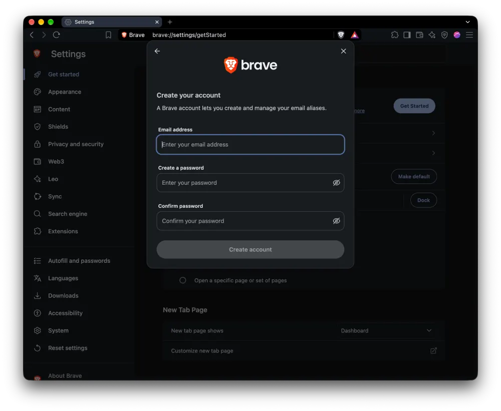 Brave account signup form asking for email address and password
