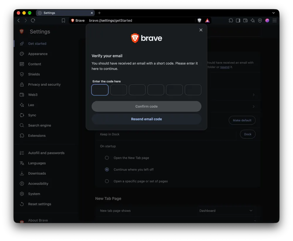Brave email verification screen with a six-digit code entry field_ class