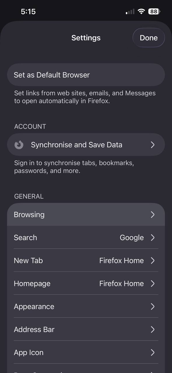 Browsing option Firefox settings.