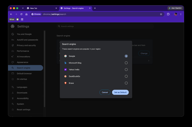 Chrome search engine options.