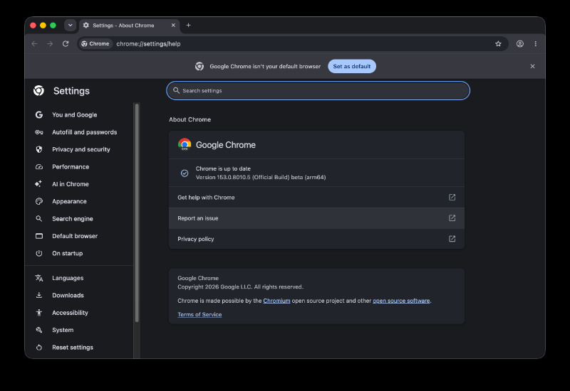 Chrome Beta changelog.