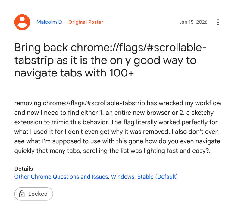 Feature removal complaints Chrome.