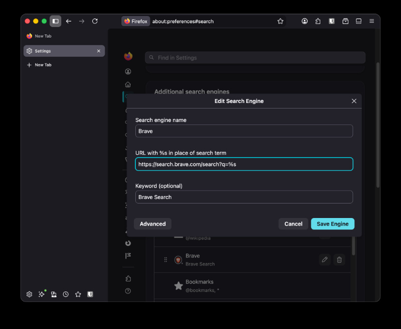 Custom Firefox search engine add Brave.