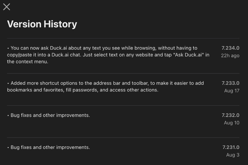 DuckDuckGo version history.