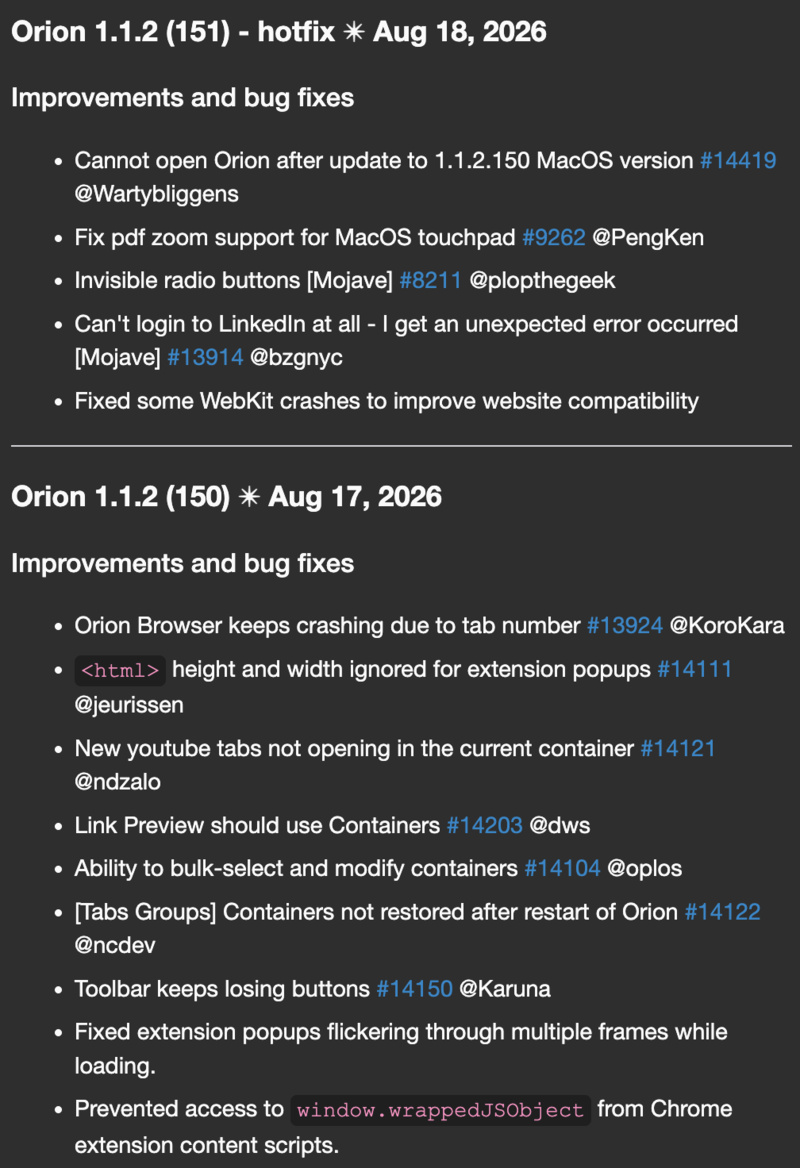 Orion latest changelog.