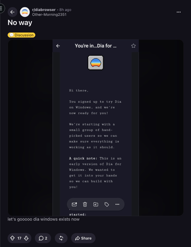 Reddit post Dia Windows beta.