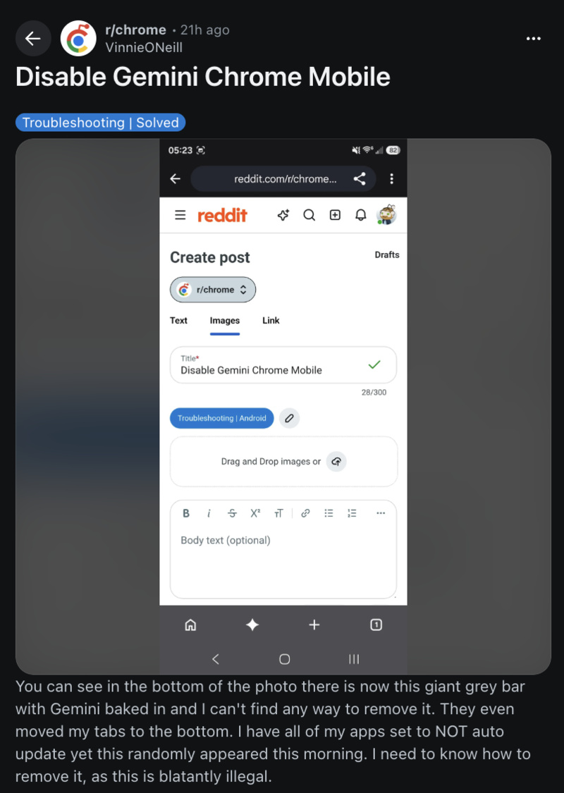 Reddit post about the Chrome bottom bar.